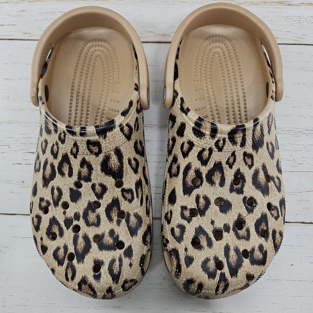 Crocs Classic Clogs Leopard Cheetah Print Womens 10 Tan Black Sandal 205838 - Picture 3 of 11